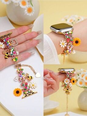 Multi-Color beaded I-Watch  band with Daisy, Bumble Bee,  42/44/45/49 s10 46mm